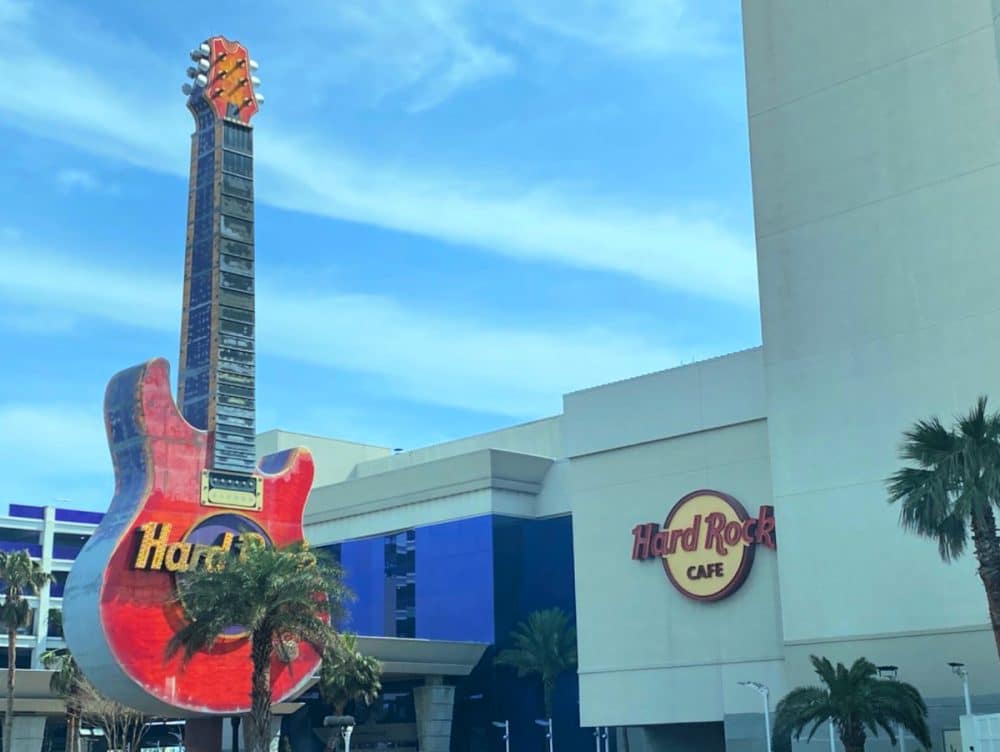 hard rock guitar in front of Biloxi hotel