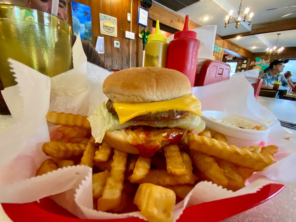 hamburger and crinkle fries