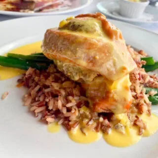 yellow-dog-eats-fish-over-red-himalayan-rice